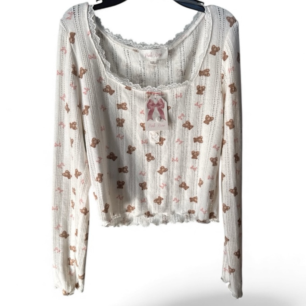Pink Rose Ivory Teddy Medium Y2K Ribbed Teddy bear & Pink Bows top